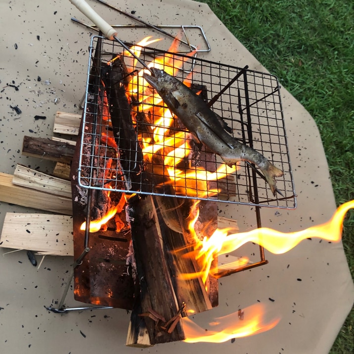 キャンプ飯♩焚き火で鮎の塩焼き